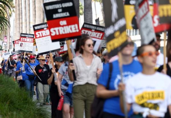 Writers and WGA supporters on strike in Hollywood