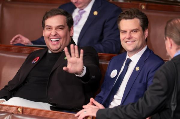 Santos (R-NY) (L) sits with Rep. Matt Gaetz (R-FL) at U.S. President Joe Biden's State of the Unio<em></em>n address during a joint meeting of Co<em></em>ngress in the House chamber at the U.S. Capitol on March 07, 2024 in Washington, DC.