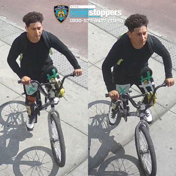 Sketch of a male Hispanic, in his 20's, with curly hair, dental braces, and a chest tattoo, last seen wearing red sneakers and carrying a green backpack