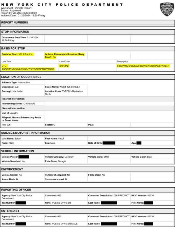 Yusef Salaam was pulled over while driving a ?blue sedan