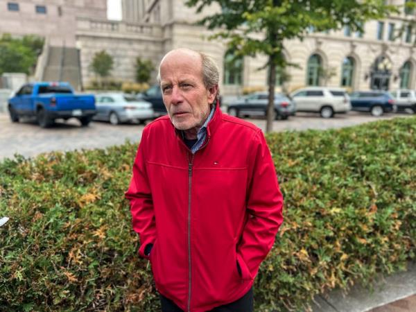 John Kelsch, executive director of the Judy Garland Museum in Grand Rapids, Minn., stands outside the federal courthouse in Duluth, Minn., Friday, Oct. 13, 2023