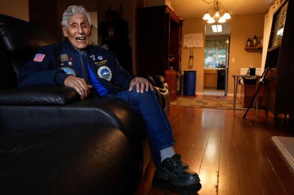 Pearl Harbor Navy Veteran Bob Fernandez smiles at his home in Lodi, Ca. on Nov. 19, 2024.