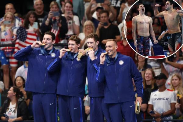美国在男子4x100米自由泳接力赛中获得奥运首金
