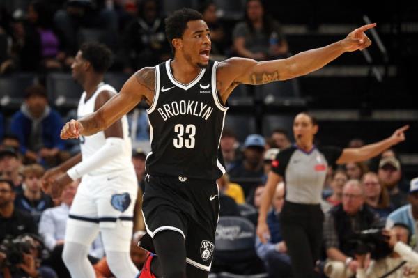 Nets center Nic Claxton reacts after a basket during the first half against the Memphis Grizzlies.