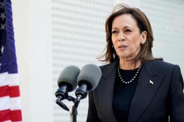 Democratic presidential nominee and U.S. Vice President Kamala Harris speaks at the U.S. Vice President's residence at the U.S. Naval Observatory in Washington, U.S., October 7, 2024. 