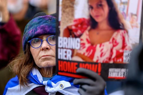 Protesters attends the 100 Days In Captivity Rally at Dag Hammarskjold Plaza near the UN Headquarters in New York City. 
