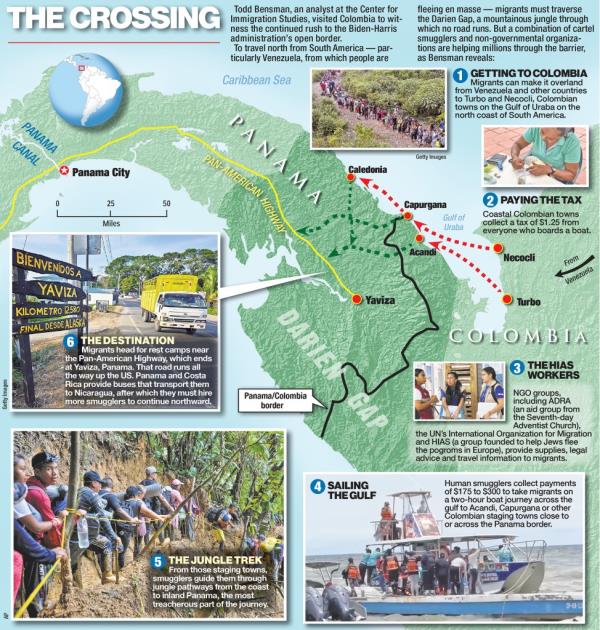 A map of the 70-mile route that migrants take on the Darien Gap while passing through Panama.