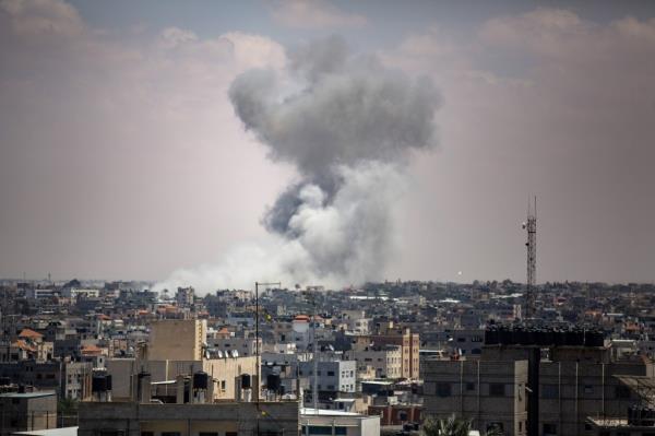 Smoke rising from buildings in Rafah after an Israeli air strike on May 7, 2024.
