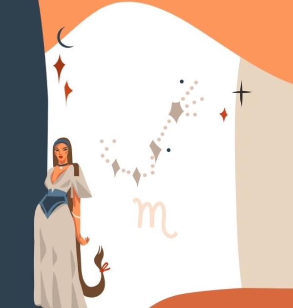 Hand drawn vector abstract stock graphic simple astrology celestial illustration art with modern,collage artistic co<em></em>ntemporary print template of boho zodiac sign Scorpio with female character.