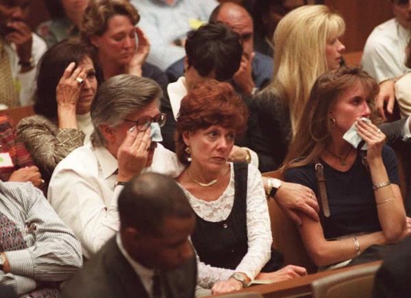 Family members of murder victims Nicole Brown Simpson and Ron Goldman cry in court as prosecutor Marcia Clark describes their murders in the O.J. Simpson murder trial 26 September in Los Angeles