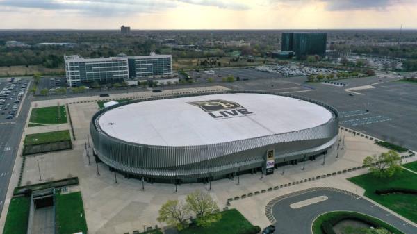 Unio<em></em>ndale, N.Y.: Aerial of NYCB Live Nassau Coliseum in Unio<em></em>ndale, New York on April 21, 2021.