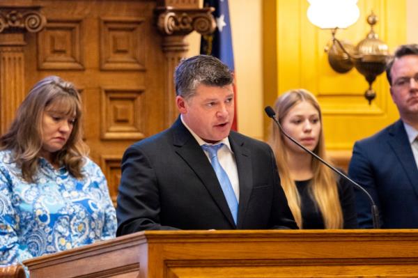 Jason Riley, father of slain nursing student Laken Riley, speaks at the Senate at the Capitol in Atlanta on Wednesday, March 20, 2024. 