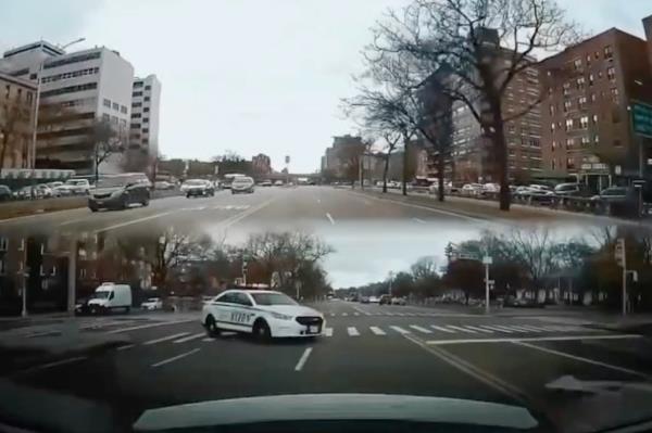 Screenshot of video showing dual view driving on Ocean Parkway with rearview recording of police car chasing them in marked car. 