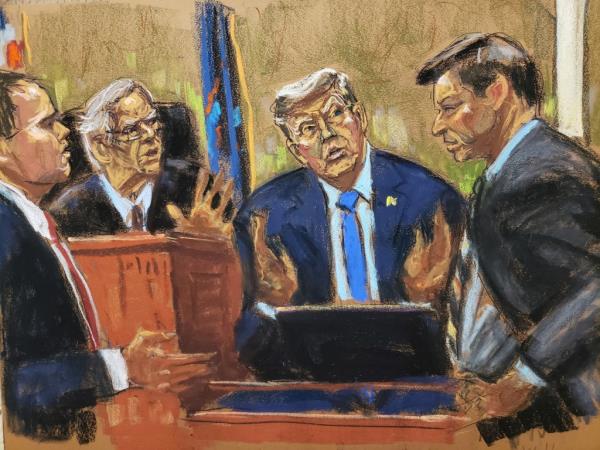 Court artist's sketch of Do<em></em>nald Trump on the witness stand.