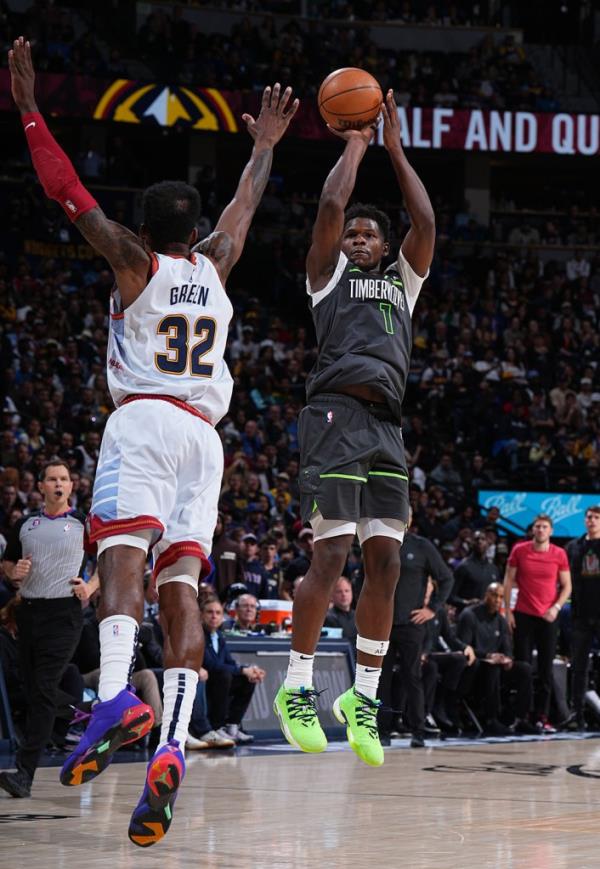 Anthony Edwards #1 of the Minnesota Timberwolves shoots the ball during Round one, Game 5 of the 2023 NBA Playoffs against the Denver Nuggets on April 25, 2023 at the Ball Arena in Denver, Colorado.  