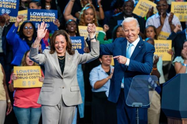 US President Joe Biden (R) and presumptive Democratic Presidential nominee, Vice President Kamala Harris, depart the stage following their remarks on the progress they are making to lower costs for the American people during an event at Prince George's County Community College in Upper Marlboro, Maryland, USA, 15 August 2024.