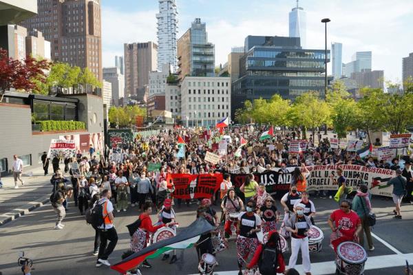 Pro-Palestine demo<em></em>nstrators march in Manhattan, New York.