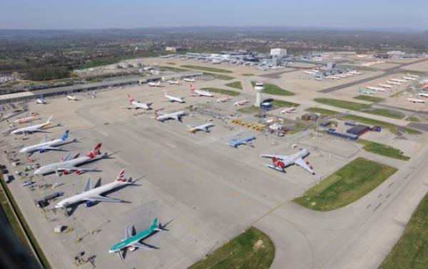 Stranded grounded airliners parked at London's Gatwick airport