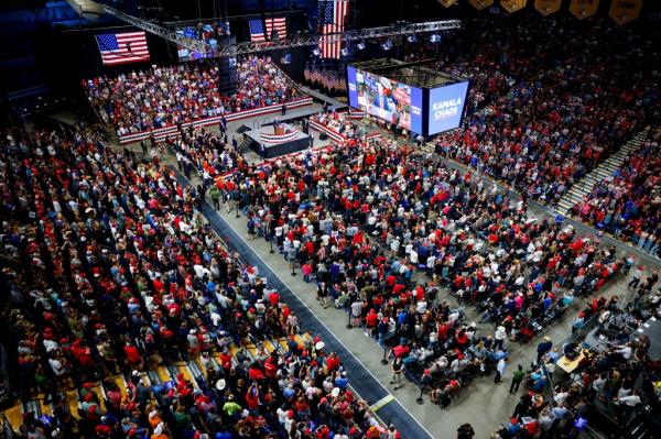 Trump took the stage at Brick Breeden Fieldhouse in Bozeman an hour and a half later than advertised but wasted little time going after his 2024 opponent. 