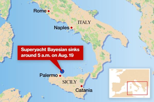 Map of Italy highlighted with a red sign, representing a yacht sinking in Sicily