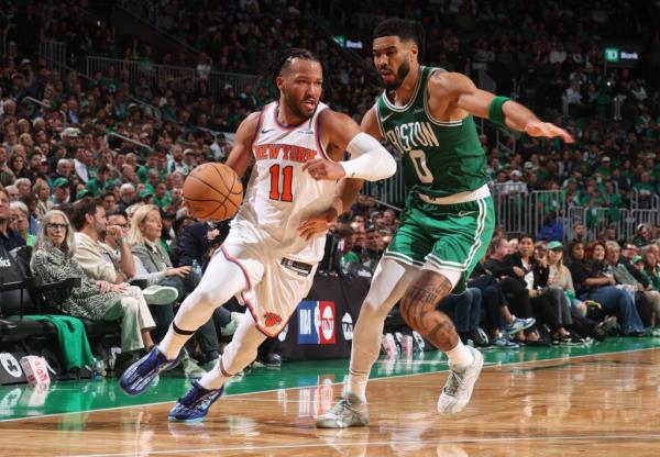 Jalen Brunson drives past Jayson Tatum during the Knicks' Game 1 blowout defeat.