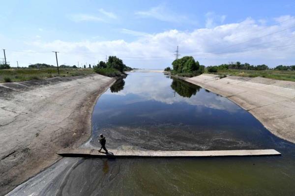 A view of a channel l<em></em>inking a reactor cooling pond of the Russian-co<em></em>ntrolled Zaporizhzhia nuclear power plant.