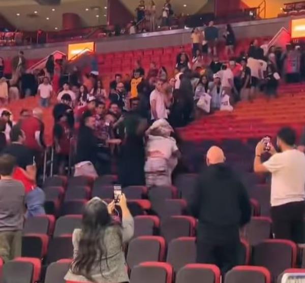 Fans deliver blows during a fight in the stands during the Heat's preseason game on Tuesday.