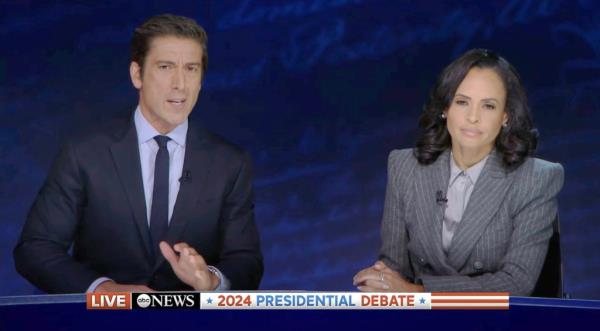 Presidential candidates Kamala Harris and Do<em></em>nald Trump participating in a debate moderated by David Muir and Lindsey Davis, hosted by ABC News on September 10, 2024