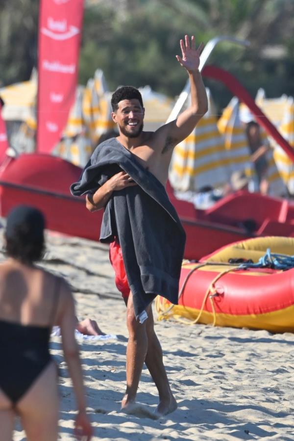 Phoenix Suns star Devin Booker on the beach in Saint-Tropez on August 1, 2023. 