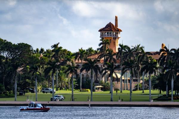 A US Coast Guard boat patrolling the waters outside the Mar-a-Lago Club in West Palm Beach, Florida on November 8, 2024, after the election of Do<em></em>nald Trump.