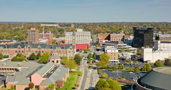 Aerial still of Springfield, a city in Clark County, Ohio.