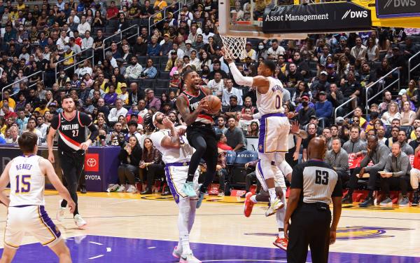 OCTOBER 23: Damian Lillard #0 of the Portland Trail Blazers drives to the basket during the game against the Los Angeles Lakers on October 23, 2022 at Crypto.Com Arena in Los Angeles, California.
