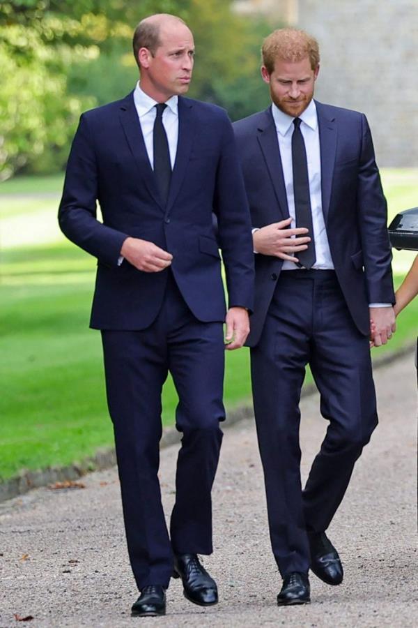 Prince William and Prince Harry, in formal attire, walking down the path on the Long Walk at Windsor Castle after the death of Queen Elizabeth II.