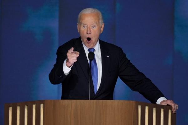 Biden speaks at the Democratic Natio<em></em>nal Co<em></em>nvention on Monday, Aug. 19, 2024, in Chicago.