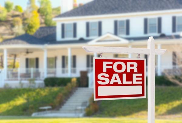 A for sale sign in front of a white house.