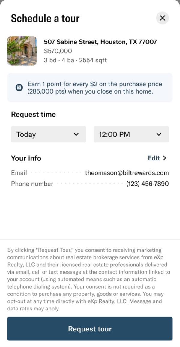 Screenshot of Bilt website showing option to schedule tour for home.