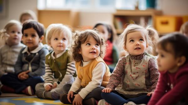 Group of small nursery school children sitting and listening to teacher on floor indoors in classroom
