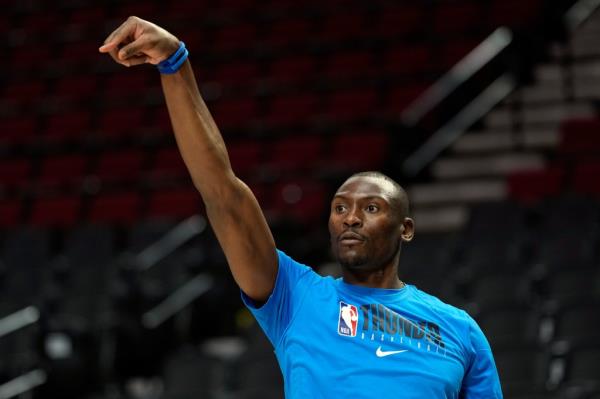 Thunder center Bismack Biyombo, shooting before his team's game against the Trail Blazers, collapsed during the first half, but fortunately regained co<em></em>nsciousness and he was able to walk off the court under his own power.
