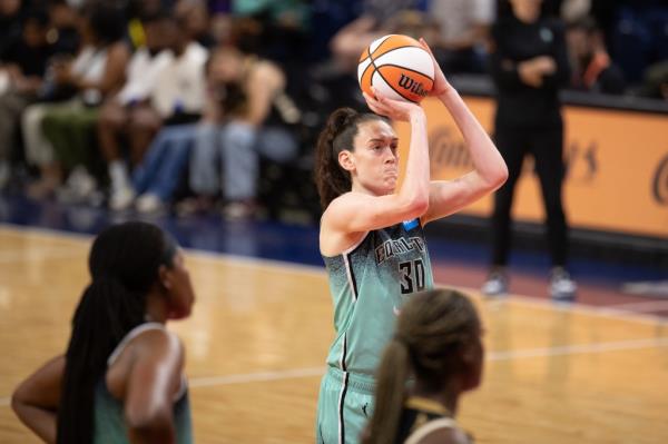 New York Liberty forward Breanna Stewart (30) shoots a free throw during the New York Liberty versus the Washington Mystics on July 21, 2023