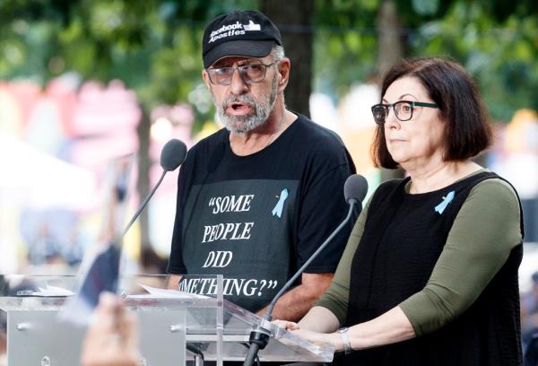 Nicholas Faros Jr. (left) speaking at a ceremony on the 18th anniversary of the 9/11 terror attacks at the Natio<em></em>nal September 11 Memorial on Sept. 11, 2019.