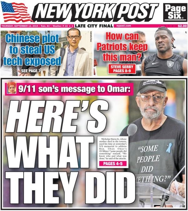 Haros on the cover of the New York Post following his message to Omar at the ceremony.