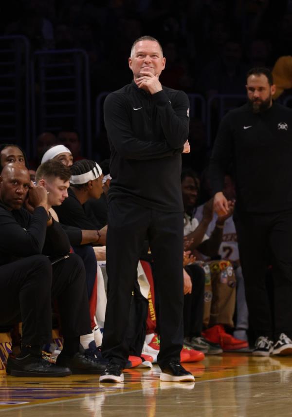 Denver Nuggets head coach Michael Malone during the second quarter in game four of the first round for the 2024 NBA playoffs against the Los Angeles Lakers at Crypto.com Arena.