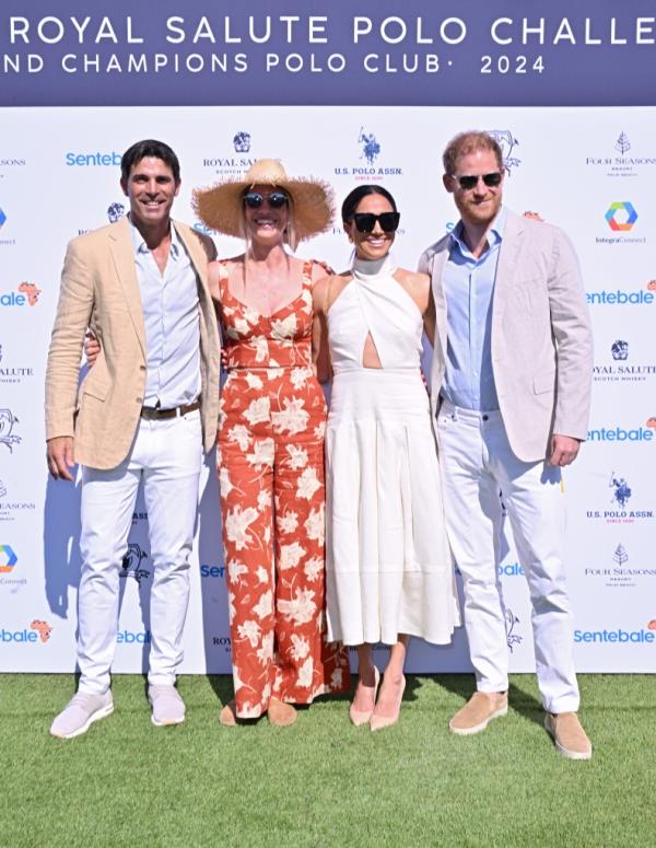 Nacho Figueras, Delfina Blaquier, Meghan, Duchess of Sussex and Prince Harry, Duke of Sussex attend the Royal Salute Polo Challenge benefitting Sentebale at Grand Champions Polo Club on April 12, 2024 in Wellington, Florida. 