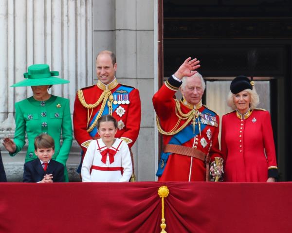 King Charles III, accompanied by Queen Camilla and other senior members of The Royal Family attends Trooping the Colour, the monarch's official birthday parade.