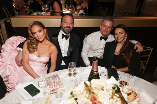 Jennifer Lopez, Ben Affleck, Matt Damon and Luciana Barroso at the 81st Annual Golden Globe Awards on January 7, 2024.