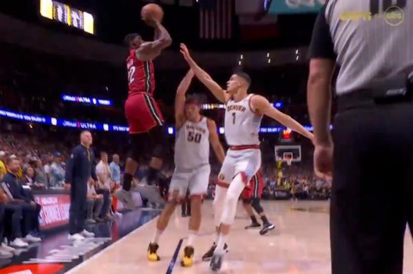 Jimmy Butler goes up for a 3-point shot attempt in Game 5 of the NBA Finals.