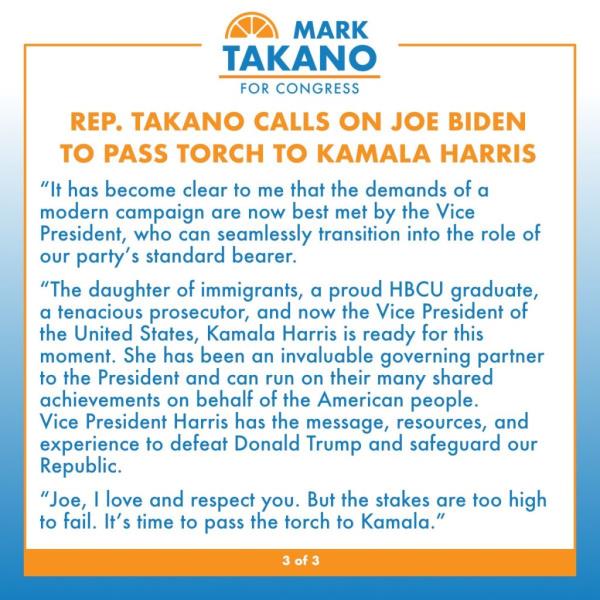 Mark Takano's written statement on a white background advocating for President Joe Biden to pass the torch to Vice President Kamala Harris