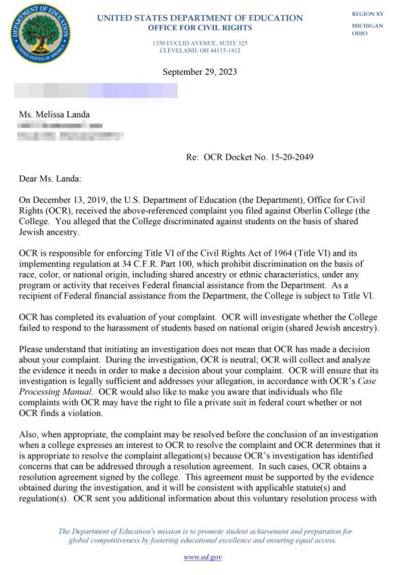 Letter from Department of Education 