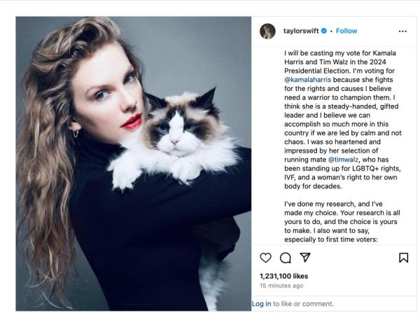 Swift posted the endorsement on her Instagram account on Tuesday night, signing it 