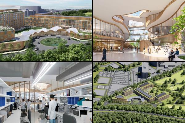 A collage of different renderings of a building. 